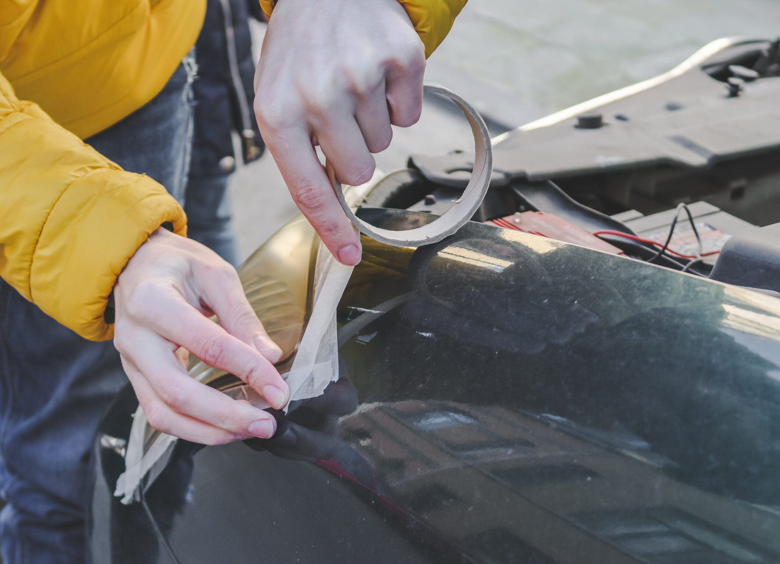 A man glues the edges of a headlight on a car with tape headlight renewal.