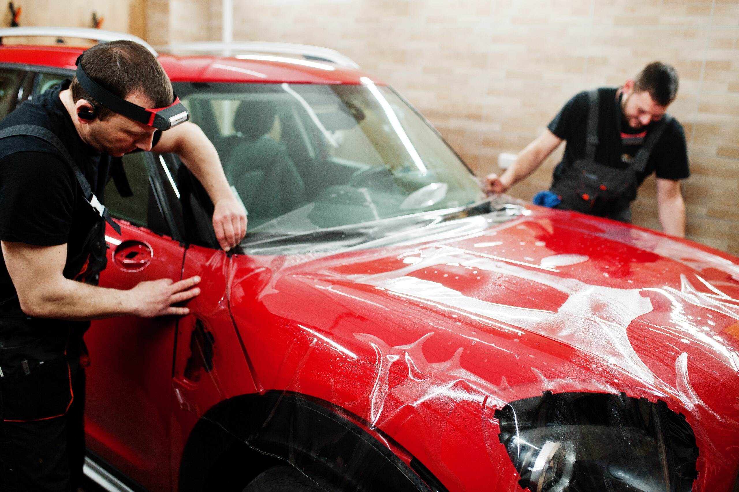 Car service worker put anti gravel film on a red car body at the clear bra protection.