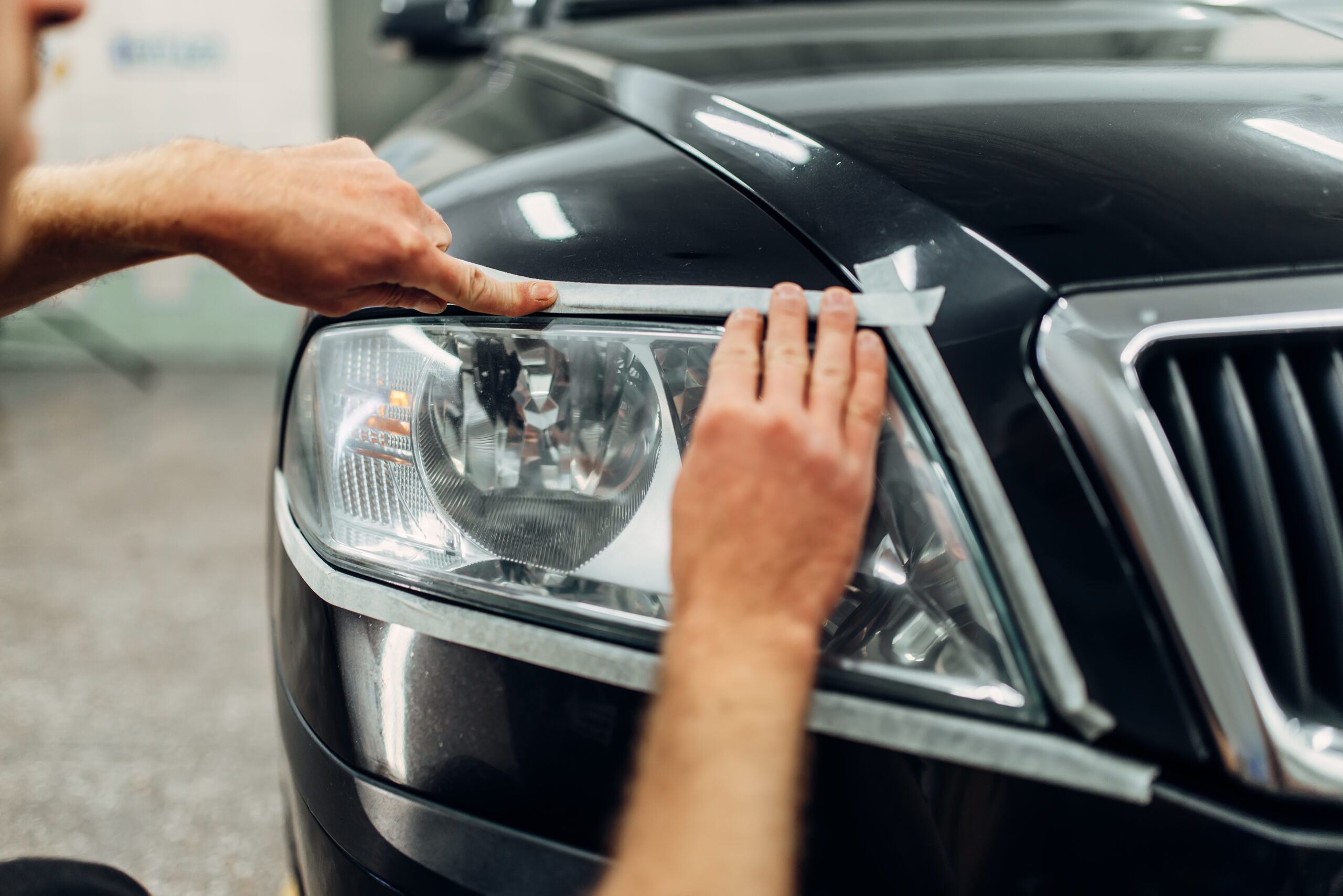 Auto detailing of car headlight renewal, carwash service headlight renewal.