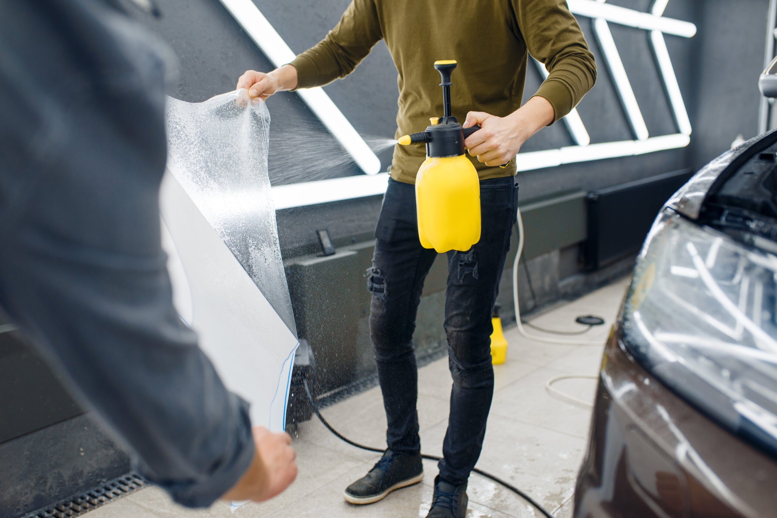 Male workers wets template of clear bra protection film.